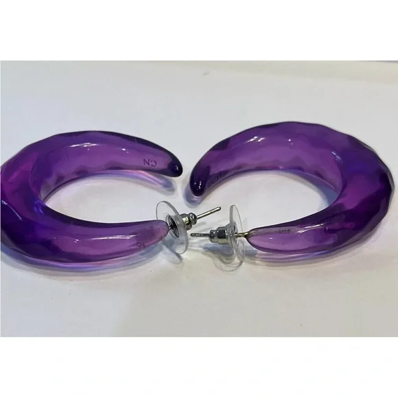 Vintage RARA Avis Faceted Purple Translucent Resin Hoop Earrings - Picture 3 of 4